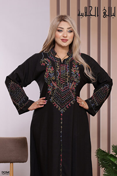 Lyaly aljlabyh Luxe Linen Jalabiya Mandarin Collar — Floral and Double Chevro...