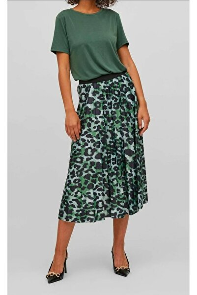 ANNA FİELD Fustă Midi Plisată cu Animal Print – Verde Smarald & Negru