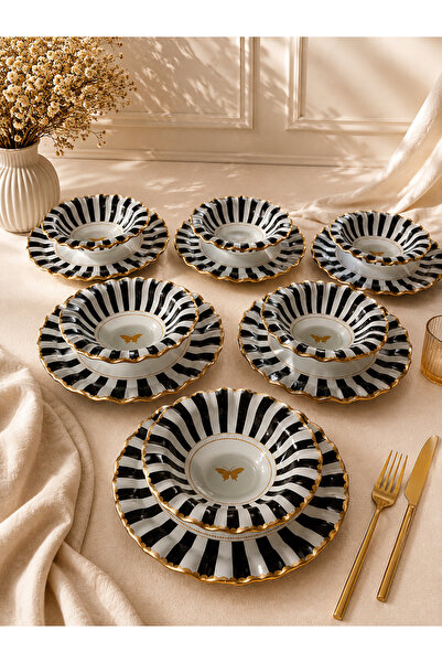 GÜRCÜGLASS Black and White Beep Model 12-Piece Breakfast Set with Bowl.