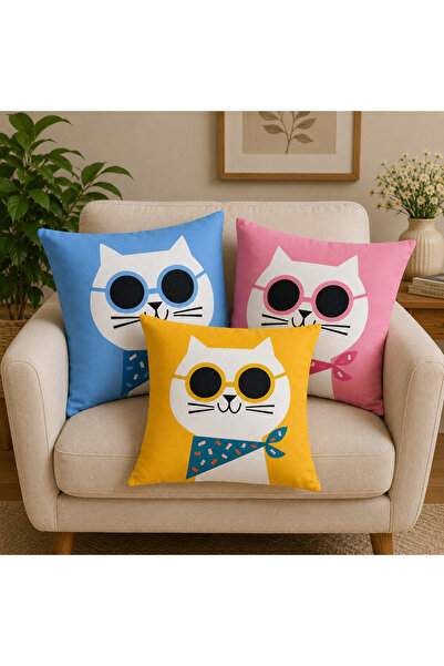 Piloji Cat Patterned Blue -Yellow -Pink 3-Piece Throw Pillow Cover 43X43 cm –...