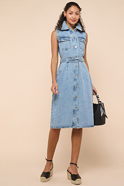 R&B Washed Denim Sleeveless Shirt Dress