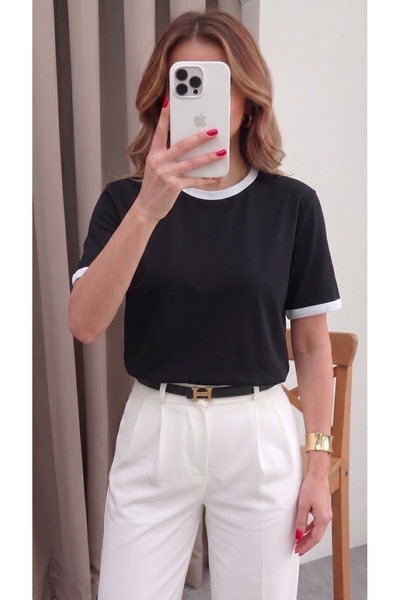 Teenage Millionaire Ženska crno-bela majica sa crnim i belim obrubom, srednje...