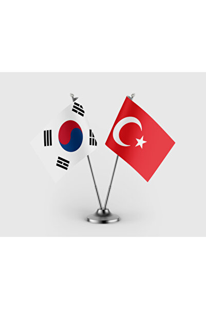 puntodizayn Güney Kore Bayrağı Türk Bayrağı İkili Saten Masa Bayrağı Takımı