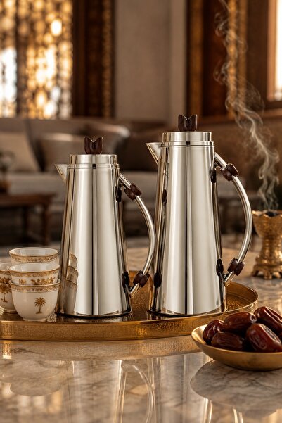 Generic طقم ترامس بسعة (1 لتر + 0.7 لتر) ستيل لامع بلمسات خشبية دافئة تأسر ال...
