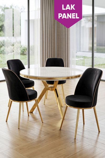 Canisa Natre Serisi 90x90 Lak Panel Beyaz Mermer Desen Gold Ayaklı Mutfak Mas...