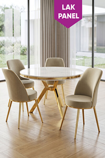 Canisa Natre Serisi 90x90 Lak Panel Beyaz Mermer Desen Gold Ayaklı Mutfak Mas...