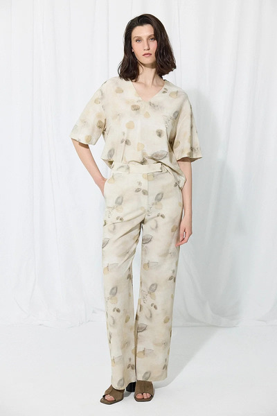 Gusto Trace Collection Eco Print Cotton Linen Trousers - Stone