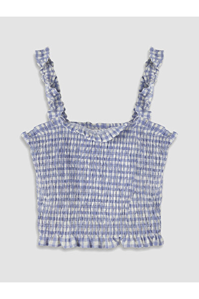 LC Waikiki Blue Square Neck Ruffle Detailed Crop Blouse