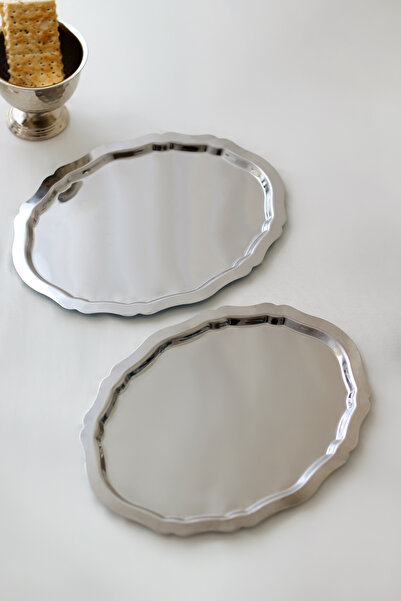 SİNEM YAMAN HOME Set of 2 Stainless Steel 25 cm Trays / Steel Presentation Trays