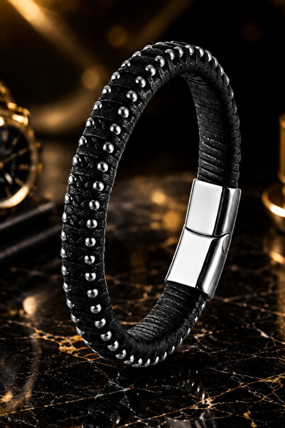 İyyaKee Men's Chain Detailed Steel and Leather Bracelet Black Drop Weave Desi...
