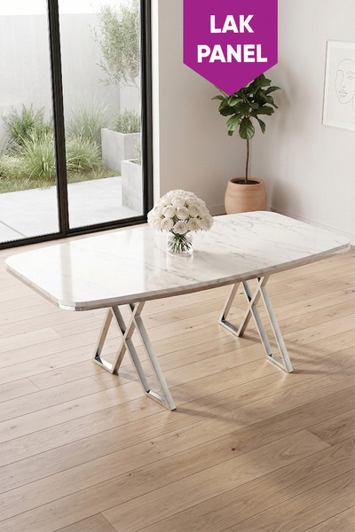 Canisa Peras Serisi 90x160 Lak Panel Beyaz Mermer Desen Krom Ayaklı Masa