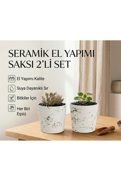 newme 2’li Seramik Saksı /Beyaz Siyah Desenli | Modern Dekoratif El Yapımı Ta...