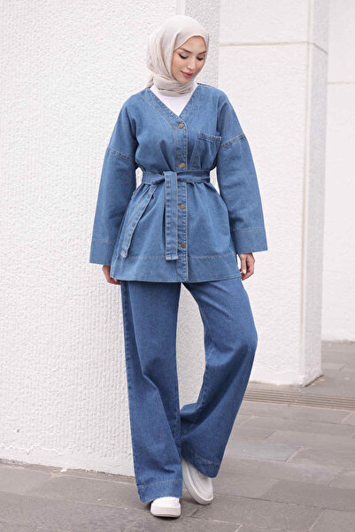 İmajButik Set de jachetă și pantaloni din denim albastru cu curea