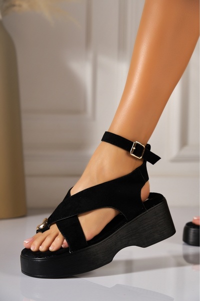 Joana Black Faux Suede Platform Sandals - Size 36