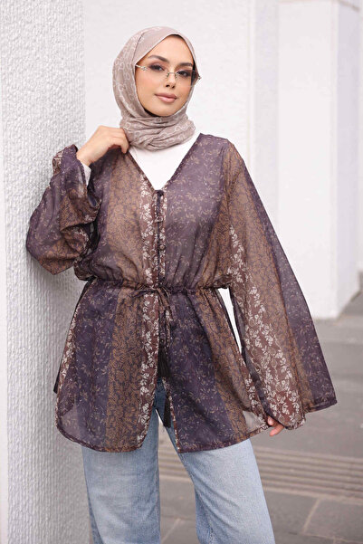İmajButik Brown Waist-Tie Patterned Chiffon Shirt