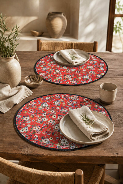 Anadolu Saray Set of 2 Leather Red Daisy Patterned American Placemats 35X35 cm