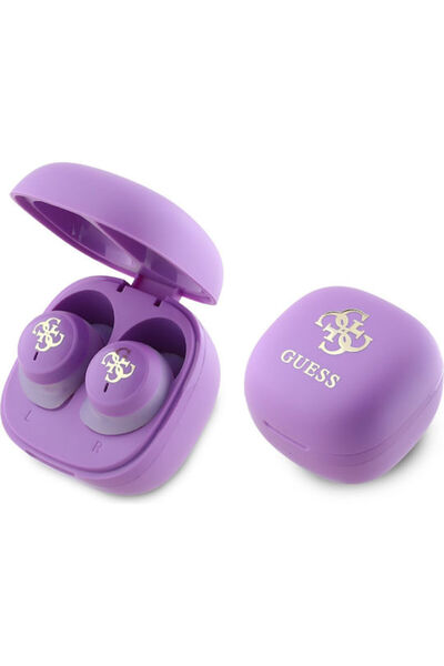 Guess 4G Logo Μίνι Ενδοωτικά Ακουστικά Bluetooth Handsfree με Θήκη Φόρτισης Λιλά