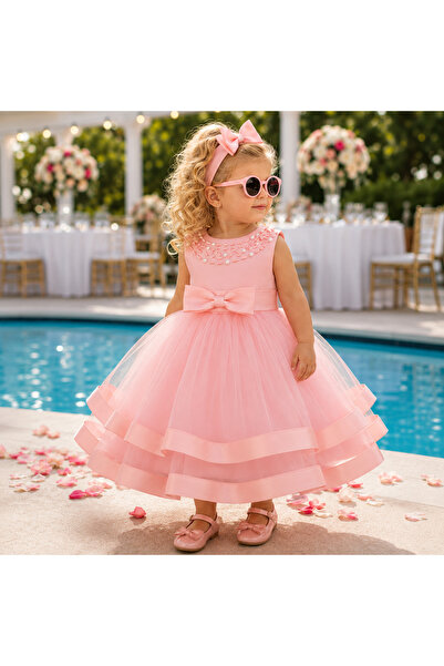 Bebelul Pink occasion dress for girls with pearls