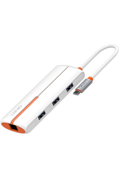 LDNIO Διανομέας USB 3.0 4 Θυρών με Σύνδεση USB-C και Ethernet, Λευκό