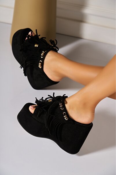 Joana Halya Black Faux Suede Platform Slides