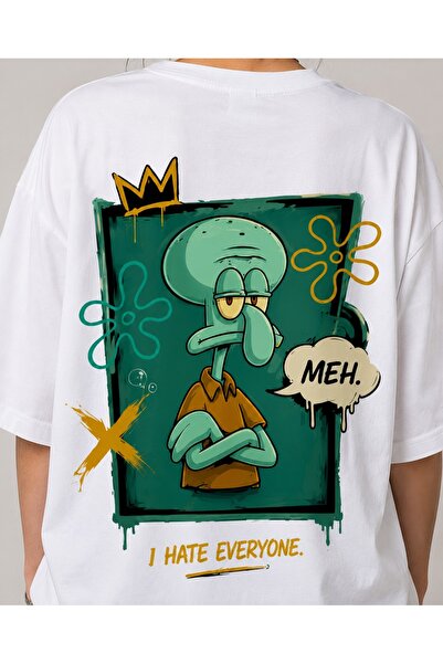 Vanteon Kadın Beyaz Oversize Squidward Baskılı Tişört