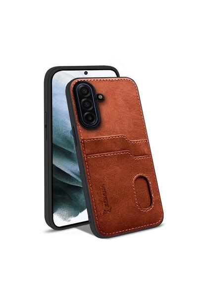 Zebana Samsung Galaxy A37 Uyumlu Kılıf Kartlıklı Lüx Deri Kılıf Kahverengi