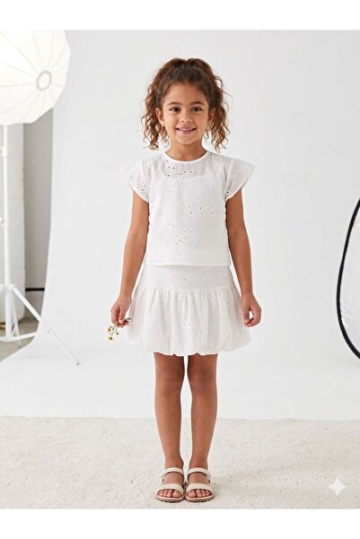 Kidscocuk Girl's Scallop Fabric Crop Blouse with String Straps and Lined Skir...