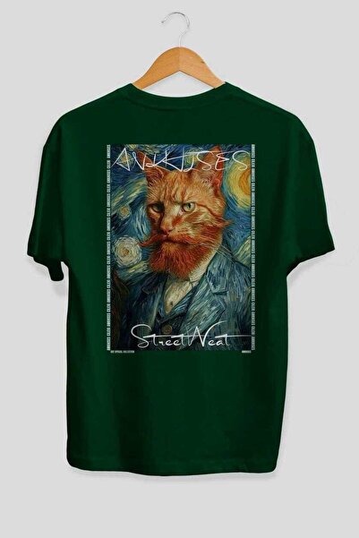 Ankhises For the Love of Cats 54 Cats Printed Green Oversize T-Shirt 100% Cot...