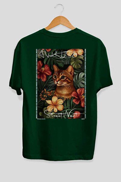 Ankhises 35 Cats for Cat Lovers Printed Green Oversize T-Shirt 100% Cotton Un...