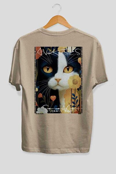 Ankhises 33 Cats for the Sake of Cats Printed Beige Oversize T-Shirt 100% Cot...
