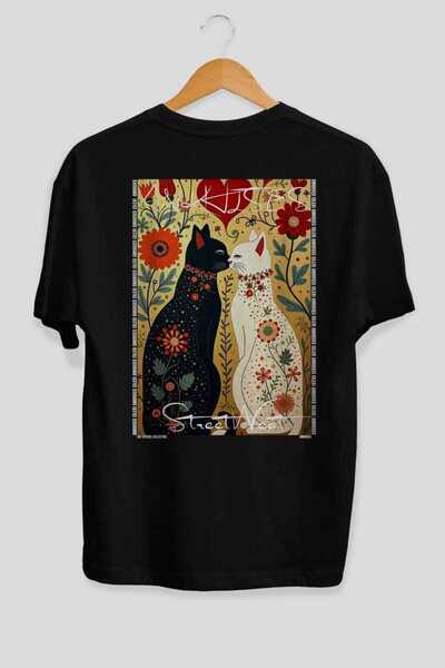 Ankhises For the Love of Cats 82 Cats Printed Black Oversize T-Shirt 100% Cot...