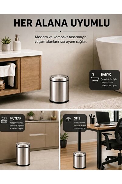 Hey ÇeLik | 8 Litre Pratik Kapaklı Paslanmaz Çelik Çöp Kovası | Banyo - Mutfa...
