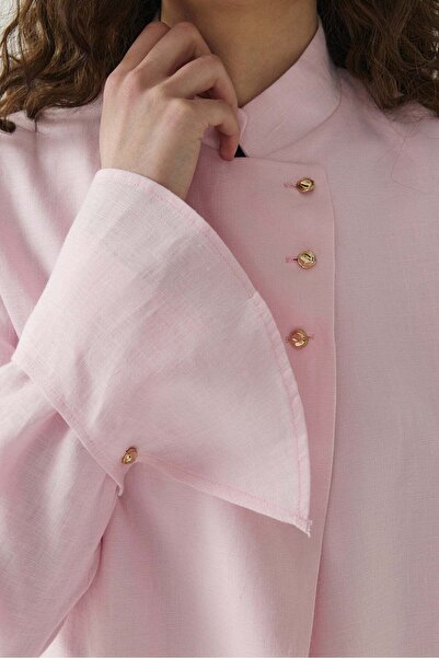 Molene Pembe Seyyar Manşet Detaylı Keten Blazer