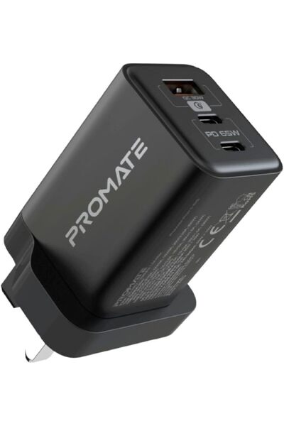 Promate شاحن iPhone 15 GaN USB-C، شاحن حائط فائق الصغر بقوة 65 واط مع تقنية U...