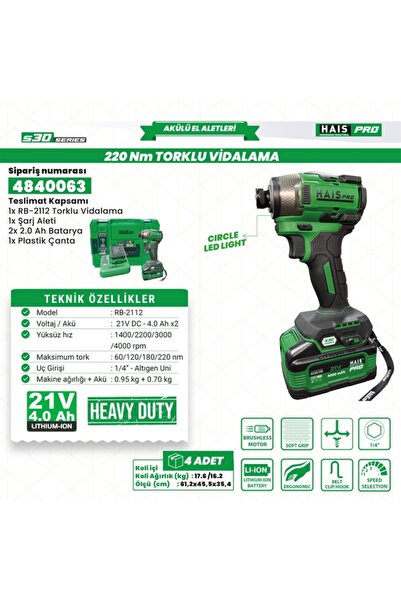 Hais AKÜLÜ VİD. DARBELİ 21V 2.0 Ah S30 RB-2112 HAİSPRO