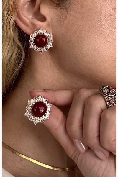 Niloshe&Sinoshe NS Accesories Red Stone Detailed Zircon Stone Vintage Earrings