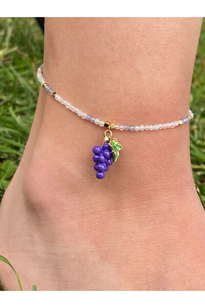 NEMOR STUDIO Grape Figured Natural Stone Anklet |   2 mm Moonstone & Cat's Ey...