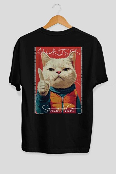 Ankhises 39 Cats for the Sake of Cat Love Printed Black Oversize T-Shirt 100%...