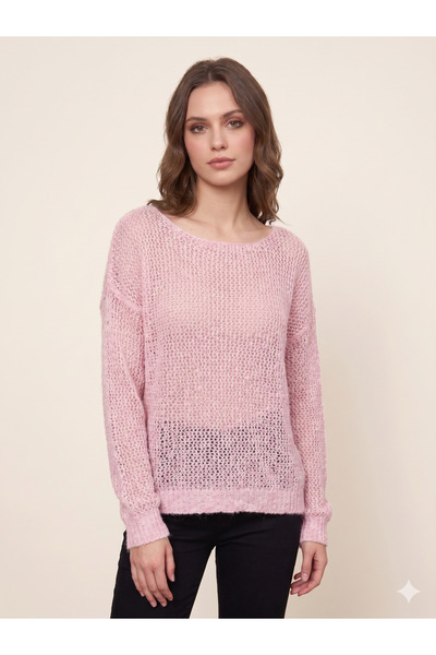 Sibel Günay Butik Women's Mesh Knitted Lace Rope Boat Neck Pink Blouse - Stan...