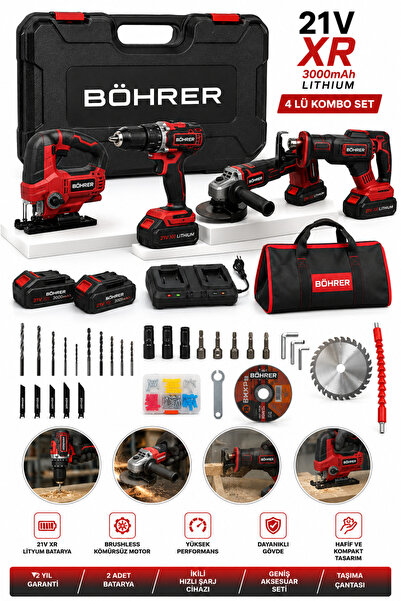 BÖHRER AKÜLÜ 4 MAKİNE KOMBO SET 21V 4 AH XR YENİ NESİL XR TEKNOLOJİ - MARANGO...