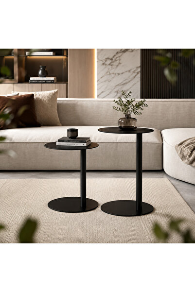 Toledo 2'li Siyah Metal Yan Sehpa Seti Modern Dekoratif Salon Sehpası