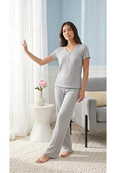 MİSS ELİZZA Transfer Fabric Ribbed Bow Detailed V-Neck Gray Suit