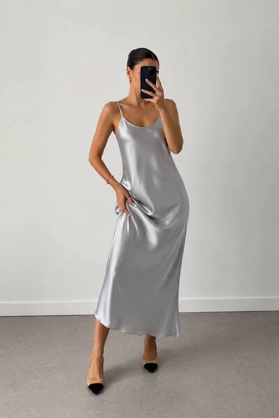 MIZUKI Women's Thin Strap Satin Dress Long Straight Cut Night and Day Dress