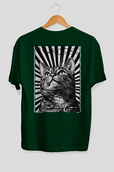 Ankhises 91 Cats for Cat Lovers Printed Green Oversize T-Shirt 100% Cotton Un...