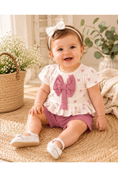 Superbaby Set 2 piese din muselina pentru fete cu imprimeu inimioare si fundita