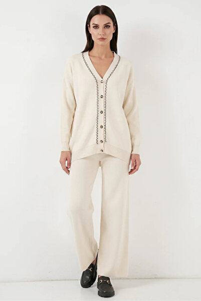buğrahayalin Women's V-Neck Buttoned Knitwear Ecru Set