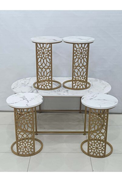 Tables Oval Coffee Table Set (5 Pieces) - White Marble & Textured Metal Base