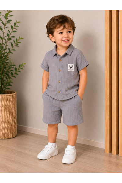 Stilera Boy's Gray Muslin Fabric Shirt, T-Shirt and Shorts Set