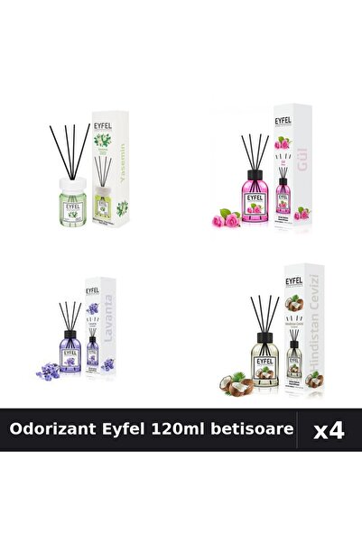 Eyfel Set 4 Odorizant Camera Betisoare 120ml - Iasomie, Trandafir, Lavanda, Nucă