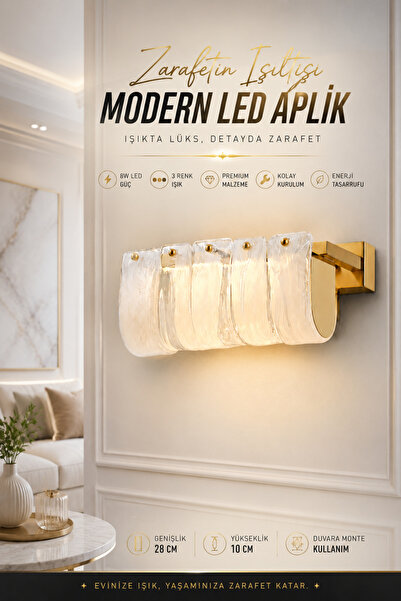 Elvora Home (PREMIUM) Eskitme Gold Cam Taşlı LED Aplik 3 Renk Dekoratif Duvar...